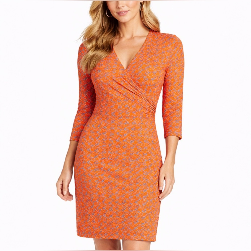 J.McLaughlin Catalina Orange Blue Geometric Faux Wrap Knit Dress Women’s Large
